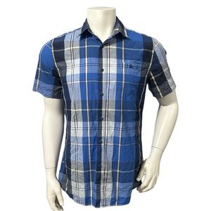 Ampify Mens Casual Button Up Shirt Blue White Plaid Short Sleeve Pocket M